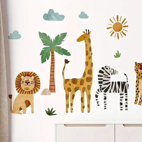 Fun Jungle Safari Animals Giraffe Lion Cheetah Zebra Sloth Reusable Wall Decals - Picture 2 of 3